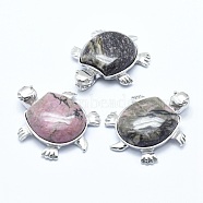 Natural Rhodonite Pendant, with Alloy Findings, Tortoise, Platinum, 38x30.5x8.2mm, Hole: 3x4.5mm(G-G759-B13)