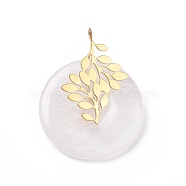 Natural Quartz Crystal Pendants, Rock Crystal Pendants, with Ion Plating(IP) Golden Color Tone 304 Stainless Steel Findings, Leaf with Donut/Pi Disc Charm, 37~38x30x10~11mm, Hole: 3mm(G-E088-03P-06)