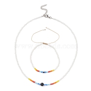 Glass Seed Beaded Necklace & Braided Beaded Bracelet, Jewelry Set for Women, White, 15-1/8 inch(38.5cm), 2-1/4~3-1/4 inch(5.6~8.3cm)(SJEW-JS01283-01)