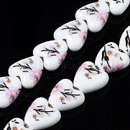 Handmade Porcelain Ceramic Beads Strands, Flower Printed, Heart, Pearl Pink, 15x15x7mm, Hole: 3mm, about 23pcs/strand, 12.8 inches(32.5cm)(PORC-S502-045G)