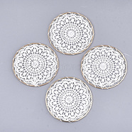 Polycotton(Polyester Cotton) Woven Pendant Decorations, with Brass Findings, Flat Round with Flower, Light Gold, White, 50x1mm(X-FIND-Q078-14J)
