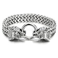 Titanium Steel Mesh Chain Bracelet with Vintage Wolf Head Clasp for Men, Stainless Steel Color, 8-1/4 inch(21cm)(WG50399-01)