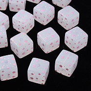 Printed Acrylic Beads, Square with Flower Pattern, Flamingo, 16x16x16mm, Hole: 3mm(MACR-S374-11C-03)