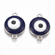 Alloy Links connectors, with Enamel, Flat Round with Evil Eye, Platinum, Midnight Blue, 22x16x4.5mm, Hole: 1.5mm(ENAM-S016-30B)