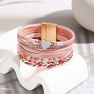 PU Leather Mulit-strand Bracelets with Chips Beaded, with Magnetic Clasp, Pink, 7-5/8 inch(19.5cm)(PW-WG95904-02)