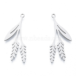 201 Stainless Steel Pendants, Leaf Charm, Stainless Steel Color, 34x14.5x1mm, Hole: 1.5mm(STAS-N090-LA971-1)
