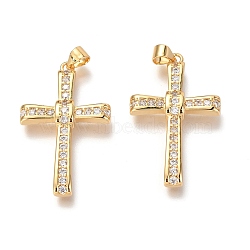 Brass Micro Pave Clear Cubic Clear Zirconia Pendants, Cross, Real 18K Gold Plated, 34x20x4mm, Hole: 3mm(ZIRC-O038-04G)