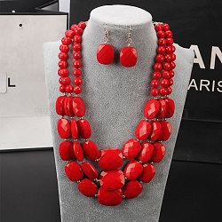 Bohemian Style Acrylic Faceted Rectangle Beaded Multilayer Necklaces & Dangle Earrings Sets, Red, 420mm(WG4F927-01)