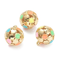 Brass Enamel Pendants, Real 18K Gold plated, Long-Lasting Plated, Round with Flower, Colorful, 15x13mm, Hole: 1mm(KK-A153-03G)