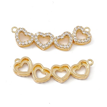 Brass Micro Pave Clear Cubic Zirconia Connector Charms, Four Heart Links, Real 18K Gold Plated, 11.5x37x3.5mm, Hole: 1.6mm