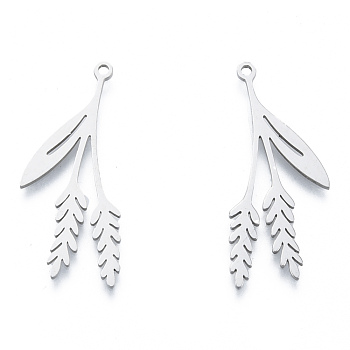 201 Stainless Steel Pendants, Leaf Charm, Stainless Steel Color, 34x14.5x1mm, Hole: 1.5mm