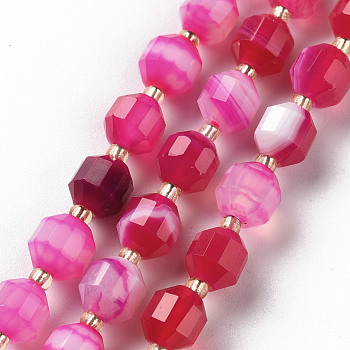 Natural Banded Agate/Striped Agate Beads Strands, Barrel, Faceted, Dyed, Hot Pink, 6x5.5mm, Hole: 1mm, about 51~54pcs/strand, 15.35 inch(39cm)