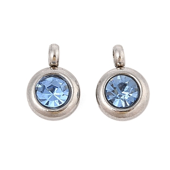 Trendy Original Color 304 Stainless Steel Grade A Rhinestone Flat Round Charm Pendants, Faceted, Stainless Steel Color, Light Sapphire, 9x6.5x4mm, Hole: 2mm