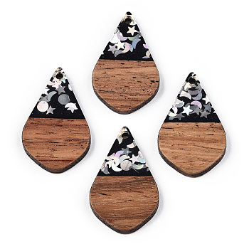 Opaque Resin & Walnut Wood Pendants, Teardrop Charms with Stars & Moon & Sun Paillettes, Waxed, Silver, 28x18x3.5mm, Hole: 1.8mm