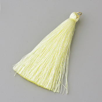 Nylon Thread Tassel Pendants Decoration, with Brass Findings, Golden, Champagne Yellow, 35x7mm, Hole: 7mm