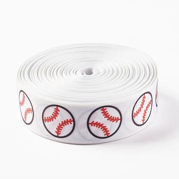 Single Face Baseball Printed Polyester Grosgrain Ribbons, White, 1 inch(25mm), 03mm