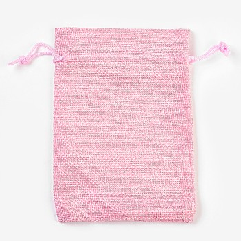 Polyester Imitation Burlap Packing Pouches, Drawstring Bags, Pink, 14x10cm