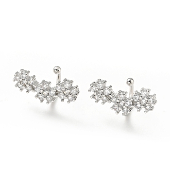 Clear Cubic Zirconia Flower Cuff Earrings, Brass Jewelry for Non-pierced Ears, Cadmium Free & Lead Free, Platinum, 10.5x11x19mm
