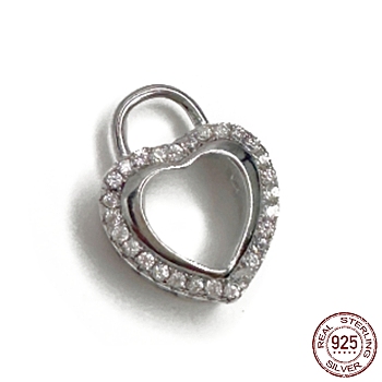 Rhodium Plated 925 Sterling Silver Charm, with Clear Cubic Zirconia, Hollow Heart, Real Platinum Plated, 13.8x11x4.7mm, Hole: 4.2x3mm