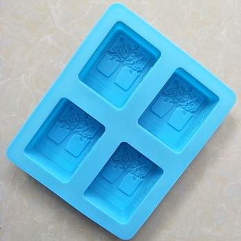 DIY Silicone Tree of Life Pattern Rectangle Soap Molds, for Handmade Soap Making, 4 Cavities, Deep Sky Blue, 205x165x35mm