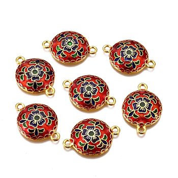 Alloy Enamel Links, Lead Free & Cadmium Free, Half Round with Flower, Real 24K Gold Plated, Red, 25.5x18x4mm, Hole: 2.2mm