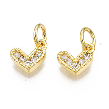 Brass Micro Pave Cubic Zirconia Charms, with Jump Ring, Heart, Real 16K Gold Plated, Nickel Free, Clear, 8x8x2mm, Jump Ring: 5x1mm, 3mm inner diameter