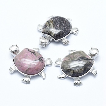 Natural Rhodonite Pendant, with Alloy Findings, Tortoise, Platinum, 38x30.5x8.2mm, Hole: 3x4.5mm