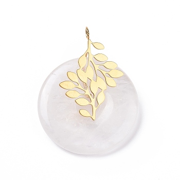 Natural Quartz Crystal Pendants, Rock Crystal Pendants, with Ion Plating(IP) Golden Color Tone 304 Stainless Steel Findings, Leaf with Donut/Pi Disc Charm, 37~38x30x10~11mm, Hole: 3mm