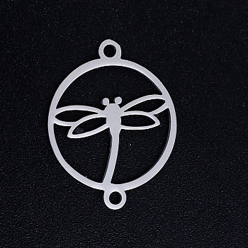 201 Stainless Steel Links connectors, Circle with Dragonfly, Stainless Steel Color, 19.5x15x1mm, Hole: 1.4mm