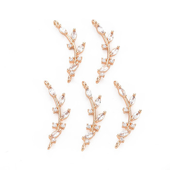 Rack Plating Brass Micro Pave Clear Cubic Zirconia Links Connectors, Long-Lasting Plated, Cadmium Free & Lead Free, Branch & Leaves, Light Gold, 25~28x9~12x3mm, Hole: 1.4mm