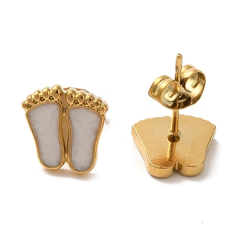 Ion Plating(IP) 304 Stainless Steel Footprint Stud Earrings, wtih Enamel, Real 18K Gold Plated, 10x9.5mm