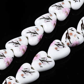 Handmade Porcelain Ceramic Beads Strands, Flower Printed, Heart, Pearl Pink, 15x15x7mm, Hole: 3mm, about 23pcs/strand, 12.8 inches(32.5cm)