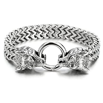 Titanium Steel Mesh Chain Bracelet with Vintage Wolf Head Clasp for Men, Stainless Steel Color, 8-1/4 inch(21cm)