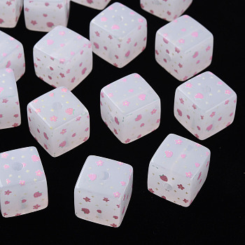 Printed Acrylic Beads, Square with Flower Pattern, Flamingo, 16x16x16mm, Hole: 3mm