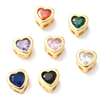 Brass inlaid Cubic Zirconia Slide Charms, Real 18K Gold Plated, Heart, Mixed Color, 6.5x6.5x4mm, Hole: 0.8x2mm