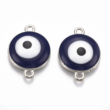 Alloy Links connectors, with Enamel, Flat Round with Evil Eye, Platinum, Midnight Blue, 22x16x4.5mm, Hole: 1.5mm