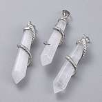 Natural Quartz Crystal Big Pointed Pendants, Rock Crystal, with Platinum Plated Brass Bails, Faceted, Bullet with Snake, 59~61.5x11~12x11~12mm, Hole: 5x8mm(G-F696-B15)