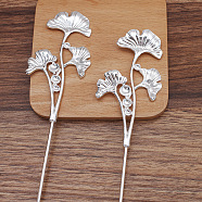 Iron Hair Stick Findings, with Alloy Cabochons Setting, Leaf, Silver, 120x2.5mm, Tray: 6mm and 8mm and 10mm(OHAR-PW0001-299S)