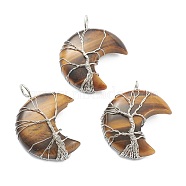 Natural Tiger Eye Tree of Life Wire Wrapped Pendants, with Platinum Brass Findings, Crescent Moon, 43~47x31~35x11~13mm, Hole: 4~5mm(G-L520-E07-P)