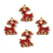 MIYUKI & TOHO Japanese Seed Beads, Handmade Pendants, Loom Pattern, Christmas Reindeer/Stag, FireBrick, 26x21x2mm, Hole: 2mm(SEED-Q037-003)
