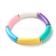Candy Color Chunky Acrylic Curved Tube Beads Stretch Bracelet for Girl Women, Pink, Inner Diameter: 2-1/8 inch(5.4cm)(BJEW-JB07297-02)
