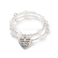 Crystal Rhinestone Tennis Wrap Cuff Bangle with Imitation Pearl Beaded, Alloy Heart with You Are Always In My Heart Charm Bracelet for Women, White, Inner Diameter: 2-1/8 inch(5.3cm)(BJEW-XCP0001-07)