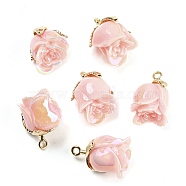 Opaque Resin Pendants, AB Color, Flower Charms with Golden Tone Alloy Leaf, Pink, 18.5x10x10mm, Hole: 1.4mm(RESI-K031-05C-G)