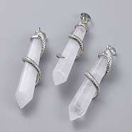 Natural Quartz Crystal Big Pointed Pendants, Rock Crystal, with Platinum Plated Brass Bails, Faceted, Bullet with Snake, 59~61.5x11~12x11~12mm, Hole: 5x8mm(G-F696-B15)