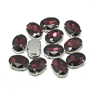 Sew on Rhinestone, Multi-strand Links, Glass Rhinestone, with Brass Prong Settings, Garments Accessories, Faceted, Oval, Platinum, Burgundy, 10x8x5mm, Hole: 0.8mm(RGLA-T091-8x10mm-18P)