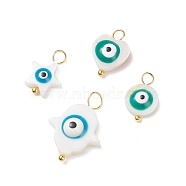 4Pcs 4 Styles Natural Freshwater Shell Pendants, with Golden Tone Alloy Loops, Evil Eye Charm, Heart & Star & Flat Round & Hamsa Hand Shape, Mixed Color, 14~21.5x9~15x3.5~5mm, Hole: 2.5~3.5mm, 1pc/style(PALLOY-JF01873)