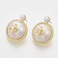 (Jewelry Parties Factory Sale)Alloy Ear Studs, with ABS Plastic Imitation Pearl and Steel Pins, Half Round with Anchor, Light Gold, 27x20.5mm, Pin: 0.7mm(PALLOY-S121-139)