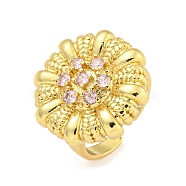 Rack Plated Brass Micro Pave Cubic Zirconia Flower Open Cuff Rings for Women, Lead Free & Cadmium Free, Long-Lasting Plated, Pink, Flower: 21x21mm, Adjustable(RJEW-Z042-02G-02)