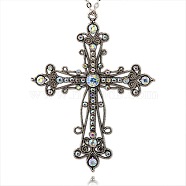 Tibetan Style Alloy Rhinestone Gothic Cross Big Pendants, with Crystal AB, Antique Silver, 92x70x6mm, Hole: 2mm(RB-J144-28AS)