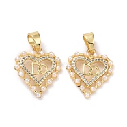 Heart Brass Micro Pave Clear Cubic Zirconia Pendants, with Acrylic Imitation Pearl, Cadmium Free & Lead Free, Real 18K Gold Plated, 20x18x3mm, Hole: 4x6mm(KK-G406-25G)